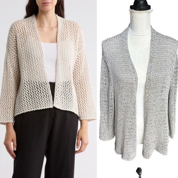 NWT Eileen Fisher Woman Grey Open Twist Wide Knit Open Front Short Cardigan - 3X - Picture 1 of 8
